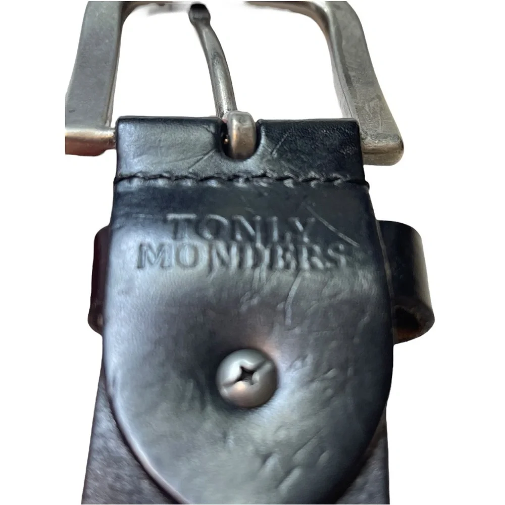 Tony Monders Blavk Leather Belt with Silver Distressed Buckle